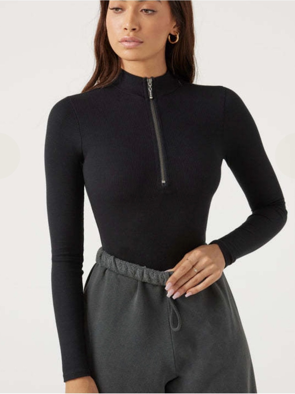 Joah Brown Half 1/2 Zip Fitted Mock Neck Sweater Women's S/M Black Ribbed